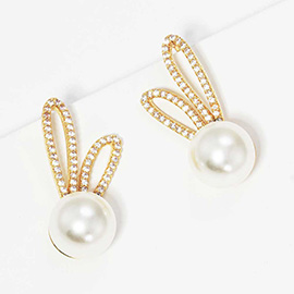 Gold Dipped CZ Pearl Rabbit Stud Earrings