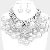 Flower Stone Pave Accented Pearl Statement Necklace