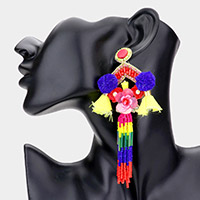 Flower Pom Pom Beaded Tassel Earrings