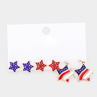 3Pairs - American USA Flag Star Earrings