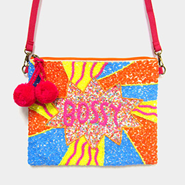 Bossy Seed Beaded Pom Pom Clutch/Crossbody Bag