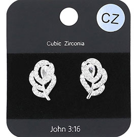 CZ Stone Embellished Leaf Stud Earrings