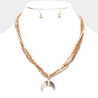 Wood Heishi Beaded Abalone Crescent Pendant Triple Layered Pendant Necklace