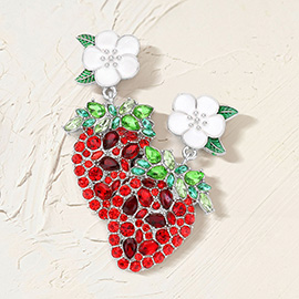 Enamel Flower Glass Stone Embellished Strawberry Dangle Earrings