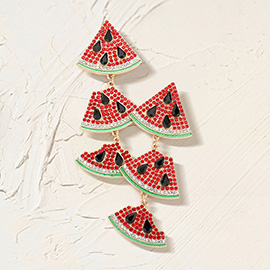 Rhinestone Pave Triple Watermelon Slices Drop Down Earrings