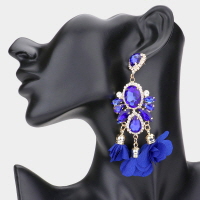 Glass Stone Embellished Fabric Flower Tassel Dangle Earrings