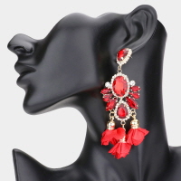 Glass Stone Embellished Fabric Flower Tassel Dangle Earrings
