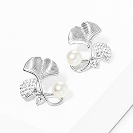 white Gold Dipped CZ Paved Gingko Pearl Stud Earrings