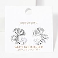 white Gold Dipped CZ Paved Gingko Pearl Stud Earrings
