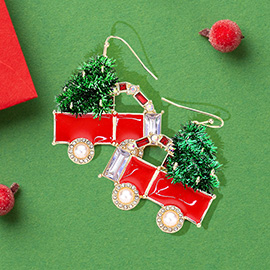 Enamel Stone Embellished Christmas Cart Dangle Earrings