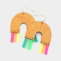 Wood Arch Multi Color Acetate Bar Fringe Dangle Earrings