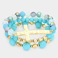 3PCS - Hammered Metal Cross Pendant Beaded Layered Bracelets