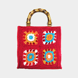 Granny Square Flower Pattern Crochet Bamboo Handle Crossbody Bag