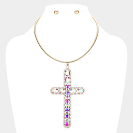 Glass Stone Embellished Cross Pendant Necklace