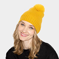 Solid Knit Beanie Hat With Faux Fur Pom