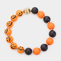 Halloween Pumpkin Accented Wood Beaded Stretch Bracelet