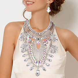 Flower Teardrop Marquise Stone Embellished Chain Details Statement Necklace