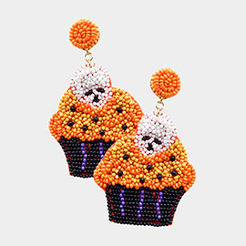 Felt Back Halloween Theme Skull Cupcake Beaded Dangle Earrings