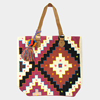 Aztec Pattern Pom-Tassel Tote Bag