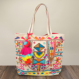 Abstract Pattern Pom Pom Tassel Tote Bag