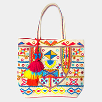 Abstract Pattern Pom-Tassel Tote Bag