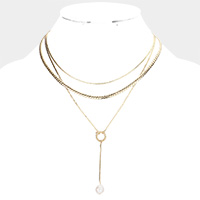 Pearl Tip Drop Down Metal Triple Layered Necklace