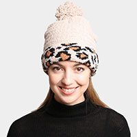Solid Color Linked Leopard Accented Pom-Pom Beanie