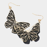 Faux Leather Back Metal Laser Cut Butterfly Dangle Earrings