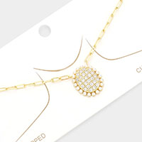 Gold Dipped CZ Stone Pearl Oval Pendant Necklace