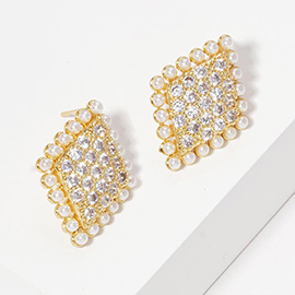 Gold Dipped CZ Stone Pearl Rhombus Stud Earrings