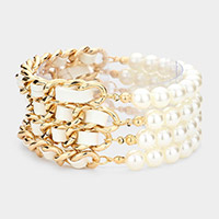4PCS - Faux Leather Braided Pearl Beaded Multi Layered Bracelets 