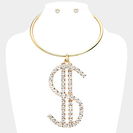 Oversized Rhinestone Pave Dollar Sign Pendant Choker Necklace