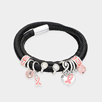 Faux Leather Pink Ribbon Theme Charms Wrap Bracelet