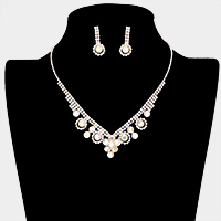 Round Stone Flower Accented Rhinestone Pave Necklace