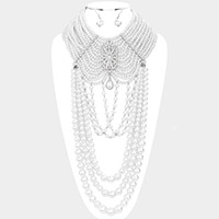 Rhinestone Pave Pendant Accented Pearl Strand Drape Bib Necklace