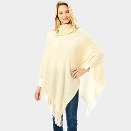 Button Collar Pointed Knitted Foldover Neck Poncho