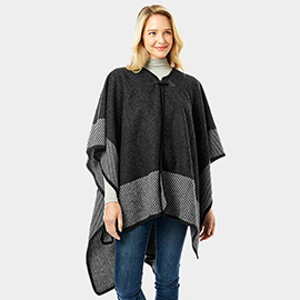 Toggle Button Pointed Vertical Striped Edge Ruana Poncho