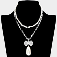 Pearl Chain Layered Rhinestone Pave Ribbon Pearl Dangle Pendant Necklace