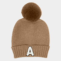-A- Monogram Faux Fur Pom Pom Knit Beanie Hat
