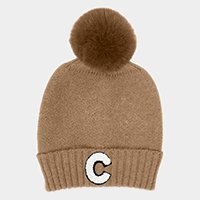 -C- Monogram Faux Fur Pom Pom Knit Beanie Hat