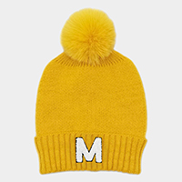 -M- Monogram Faux Fur Pom Pom Knit Beanie Hat