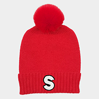 -S- Monogram Faux Fur Pom Pom Knit Beanie Hat
