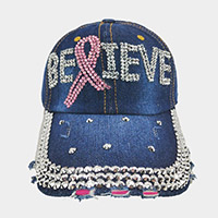 Bling Pink Ribbon Believe Message Baseball Cap