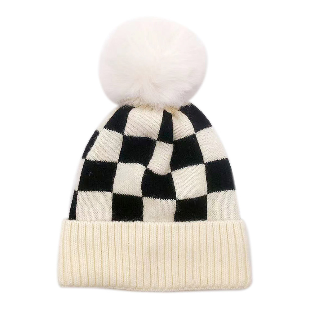 Checkerboard Patterned Pom Pom Beanie Hat