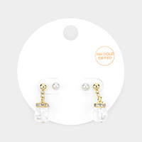 2Pairs - 14K Gold Dipped Pearl Stud Square Dangle Earrings