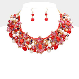 Floral Stone Pearl Embellished Collar Necklace