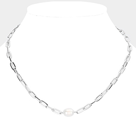 Pearl Accented Open Metal Oval Link Necklace