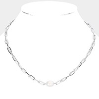 Pearl Accented Open Metal Oval Link Necklace