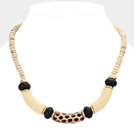 Tiger Pattered Resin Accented Wood Beaded Necklace