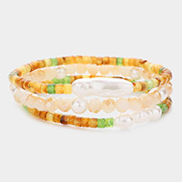 3PCS - Pearl Accented Faceted Beaded Stretch Bracelets